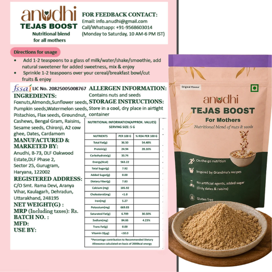 Anudu Tejas Boost nutritional supplement package and label design, featuring a purple and gold box, a bowl of golden powder, and usage directions on a white background.