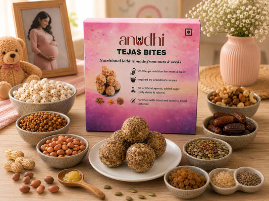 Anudhi Tejas Bites packaging with nutritional snacks on a wooden table.