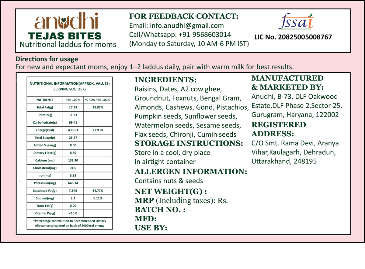 A product information card for Anudhi Tejas Bites, a nutritional laddu for moms. The card features a light pink border, the brand logo 'anudhi' at the top left, and contact details at the top right.