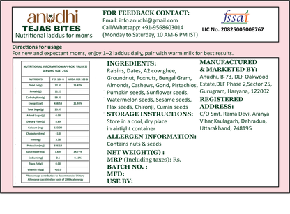 A product information card for Anudhi Tejas Bites, a nutritional laddu for moms. The card features a light pink border, the brand logo 'anudhi' at the top left, and contact details at the top right.
