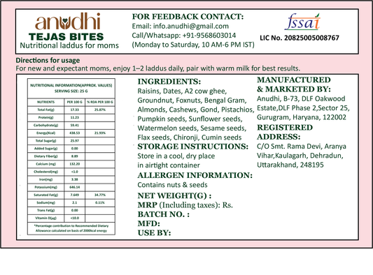 A product information card for Anudhi Tejas Bites, a nutritional laddu for moms. The card features a light pink border, the brand logo 'anudhi' at the top left, and contact details at the top right.
