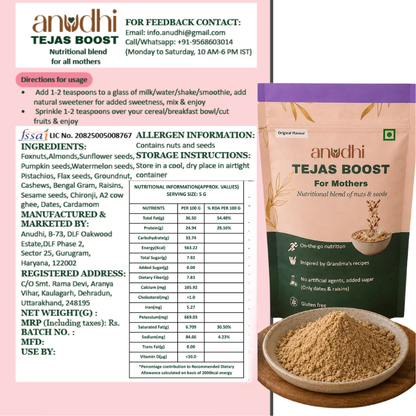 Anudu Tejas Boost nutritional supplement package and label design, featuring a purple and gold box, a bowl of golden powder, and usage directions on a white background.