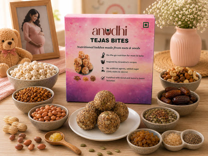 Anudhi Tejas Bites packaging with nutritional snacks on a wooden table.
